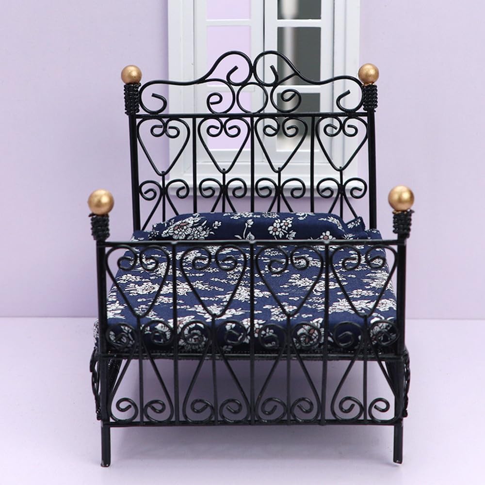 Мойн мойн миниатюрная мебель кукольный домик каркас кровати футон готический черный золото цветочный синий темно-синий цветок антикварный ретро 2311mini35 1/12 112 (с & подушкой)