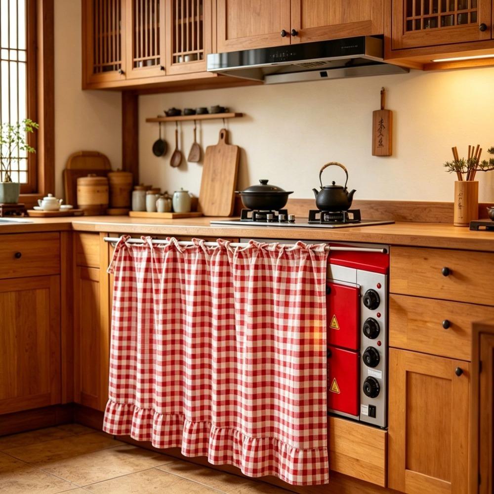 Ruffled Edge Farmhouse Plaid Kitchen Oven Skirt No Drilling Privacy Partition Curtain Porch