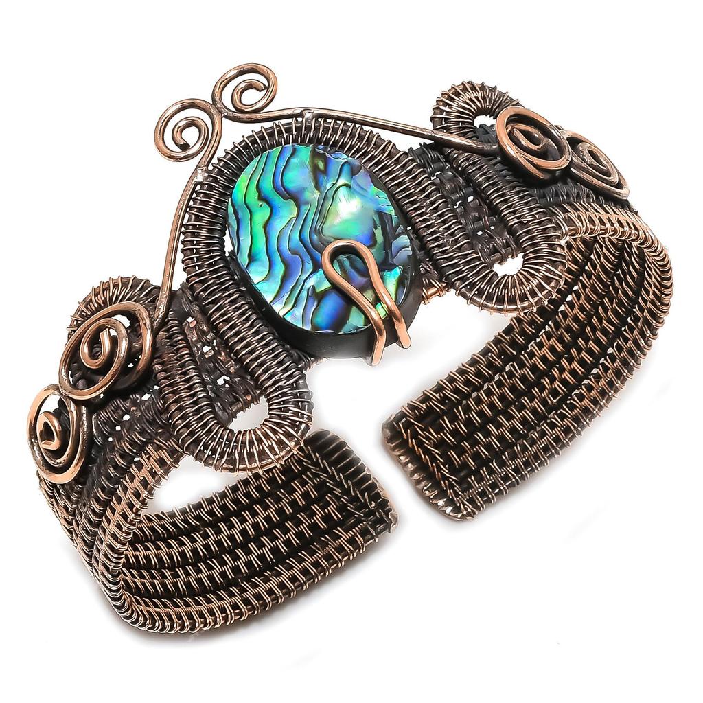 Abalone Shell Bangle 999 Copper Wire Wrapped Jewelry, Handmade Gemstone Bangle Jewelry, For Wedding Gift