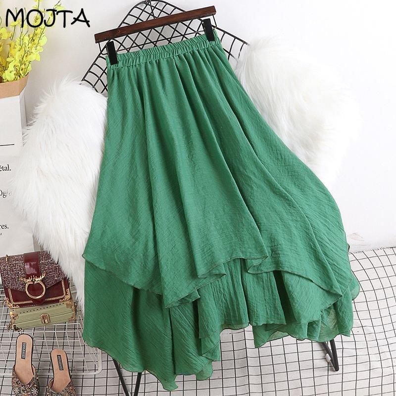 MOJTA Mid-length Skirt Spring Summer Women's Elastic Waist High Waist Skirt A-line Skirt