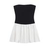 Women's Spring Clothing French Style Sexy Word Collar Sexy Contrast Color Stitching Pleated Silm High Waist A- line Dress