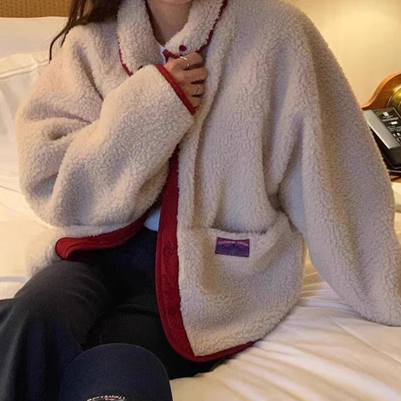 South korea Chic Autumn and Winter Retro Double-sided Wear Small Label Design Loose All-Matching Long sleeve Lamb Wool ...