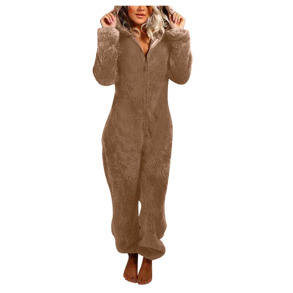 Women Long Sleeve Hooded Jumpsuit Pajamas Casual Winter Warm Rompe Sleepwear
