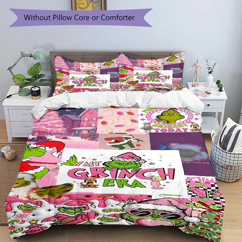 3Pcs Christmas Grinch Decorations Bedding Set Quilt Cover Pillowcase Home Christmas Xmas Halloween Gift 1 Duvet Cover 2 Pillowcase S921652