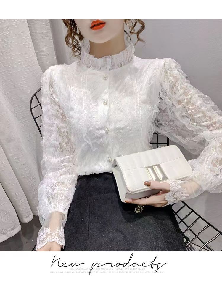 Модная винтажная блузка с рюшами, женская элегантная кружевная рубашка с длинным рукавом, свободные шифоновые рубашки с воротником-стойкой, плиссированные топы Blusas