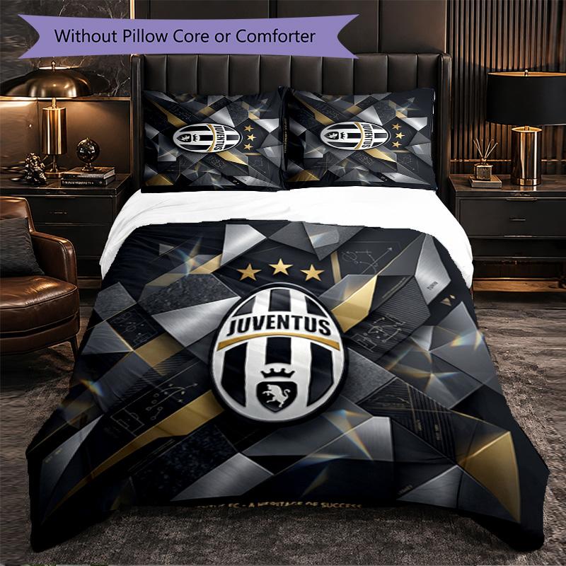 Juventus FC Pattern 3 Pieces Bedding Set Soft Microfiber Duvet Cover with Pillow Cases for Bedroom