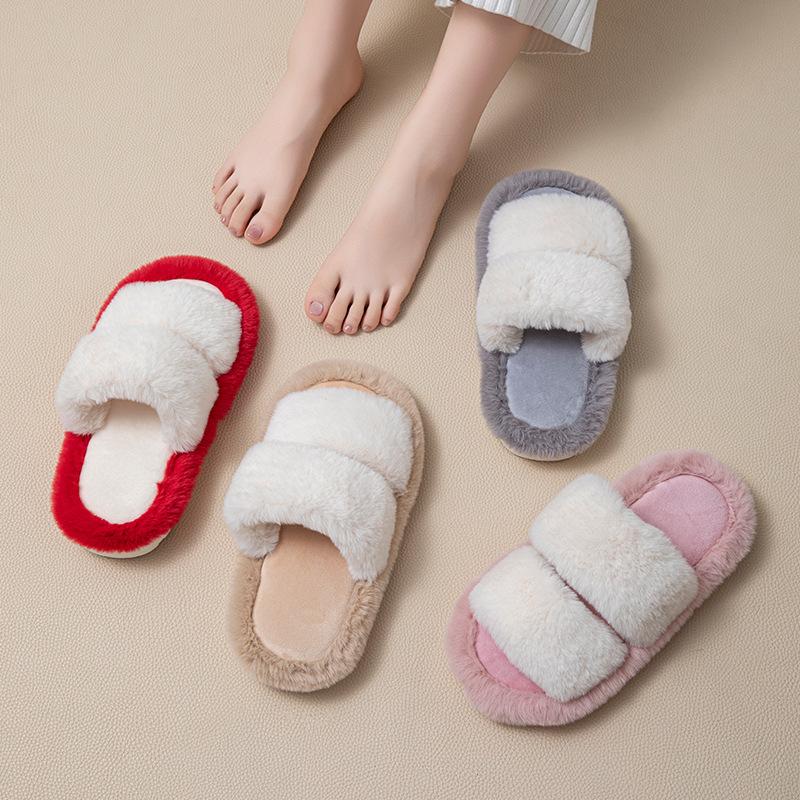 Parallel Bars Contrasting Cotton Slippers Breathable Dopamine Fluffy Slippers Home Ins Plush Slippers