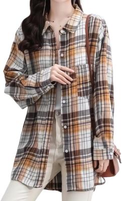[J.STORE] Клетчатая рубашка, Плотная, Длинный рукав, Осенний стиль, Натуральная, Стильная, Женская, На каждый день, Классический предмет, Бежевый, 5A-J05-BEXL