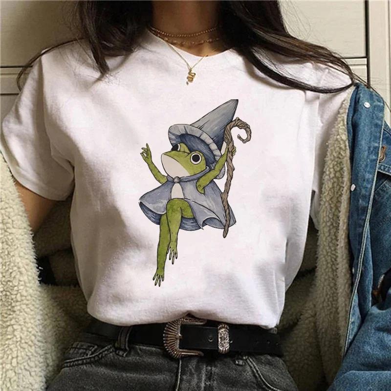 Versatile Cartoon Frog Funny Print Short Sleeve Womens Tshirt Round Neck Loose Spring Summer Womens Short Sleeve Tshirt Hara