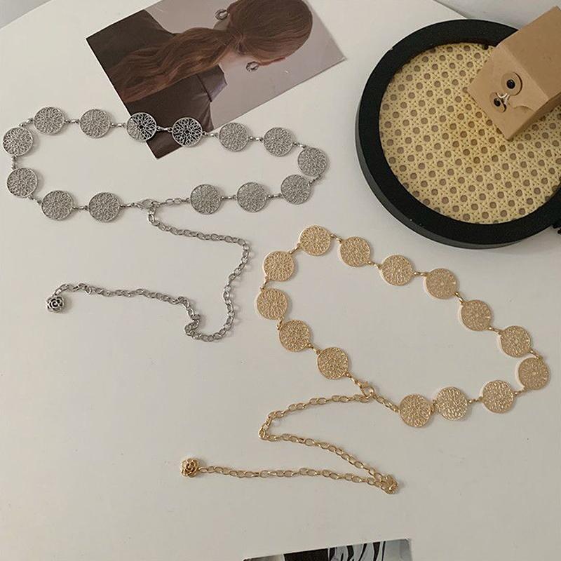 Элегантный круглый металлический пояс для женщин ретро золото серебро резной ажурный пояс модное платье украшение