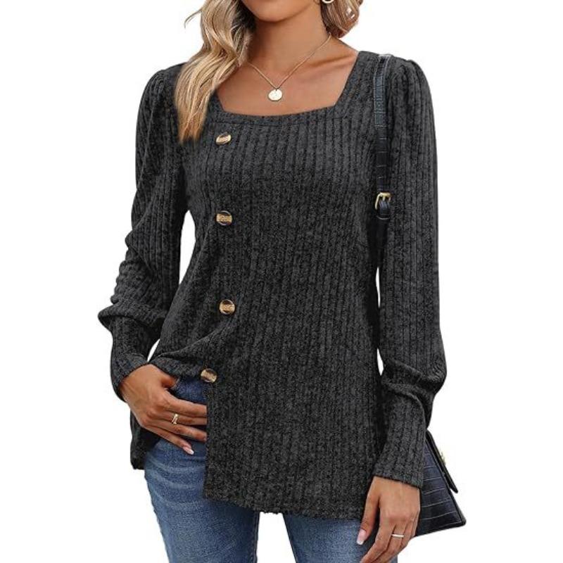 Autumn and Winter Women's Blouse Knitwear with Buckle Square Neck Solid Color Long Sleeve Tops
