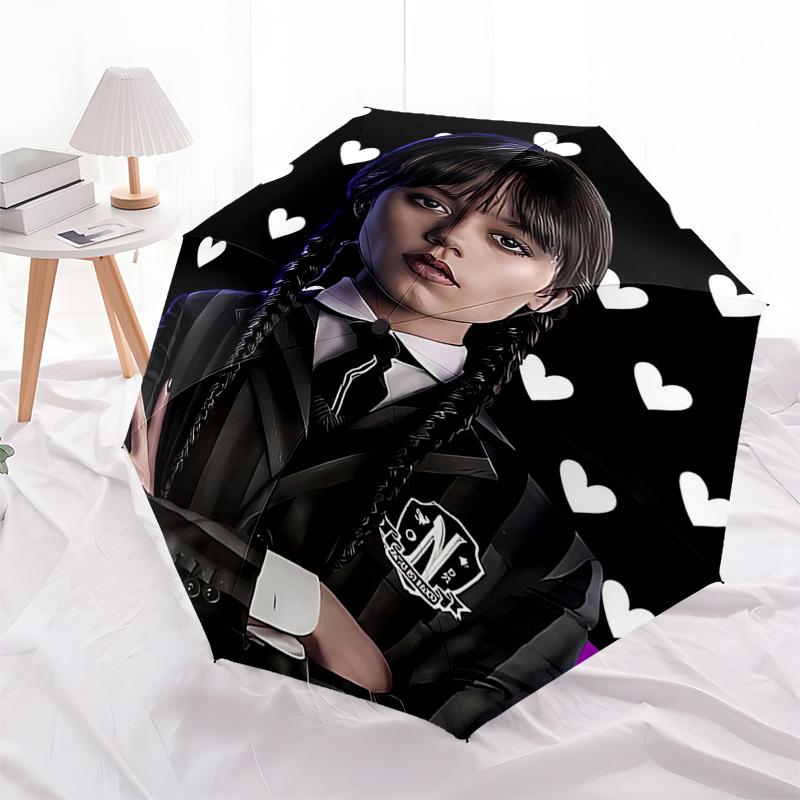 Wednesday Addams Themed Automatic Opening and Closing Umbrella, Compact Travel Umbrella, Lightweight and Portable, Suitable for Beach Commut