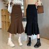 Corduroy Fishtail Skirt Women Midi Skirts Vintage Korean Style Elegant Chic Large Size Brown Winter Warm Wrap Skirt