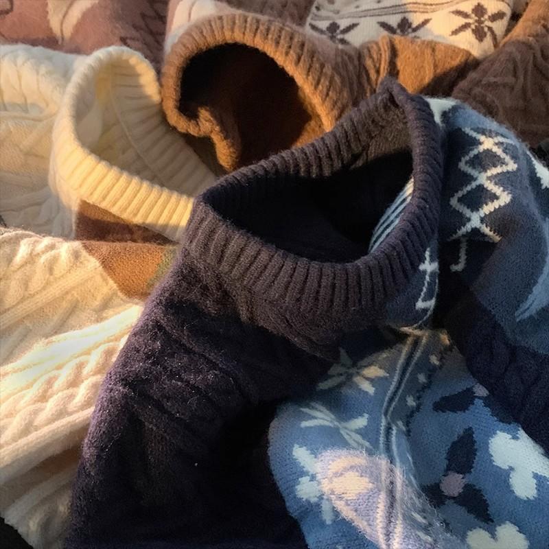 Vintage Patchwork Fried Dough Twists Round Neck Sweater Lovers Outfit Winter Port Style Graffiti Sweater Loose Pullover Lovers Knitwear Men and Women