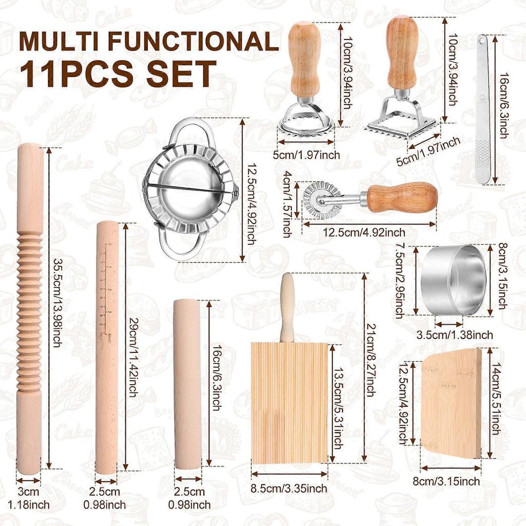 11-Pc Pasta Making Kit w/ Wooden Rolling Pin, Gnocchi Board, Dough Cutter, Dumpling & Ravioli Maker – Compatible with All Kitchens