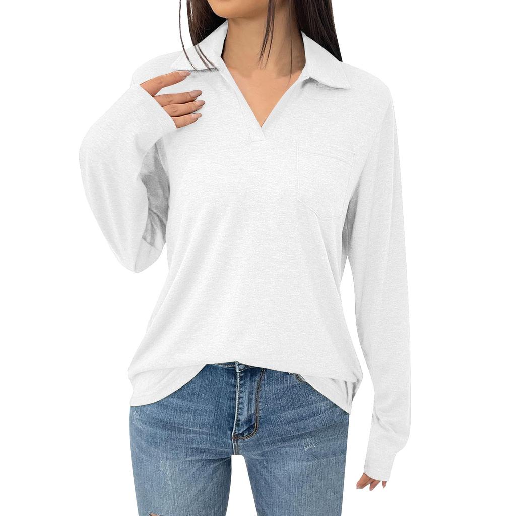 Женская модная однотонная свободная футболка с лацканами и длинными рукавами и карманами