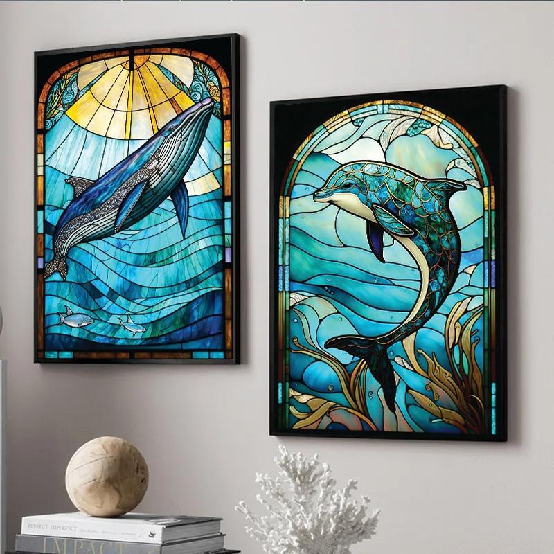 Abstract Sealife Stained Glass Pattern Art Poster Prints Canvas Painting Seahorse Manta Ray Whale Shark Dolphin Home Decor