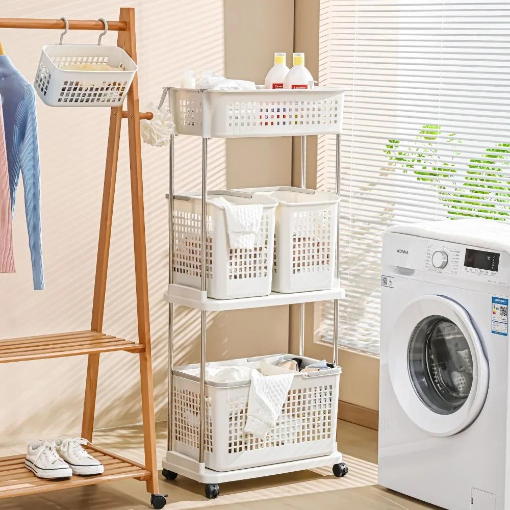 Laundry Storage Trolley 2/3 Tier Household Breathable Net Layered Bathroom Washing Shelf Movable Handheld Dirty Laundry Trolley