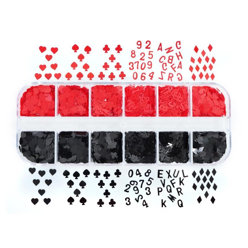 12 Grids 3D Playing Cards Nail Sequins Charms Heart Alphabet Plum Poker Flakes Decoration For Nails Supplies Accessories