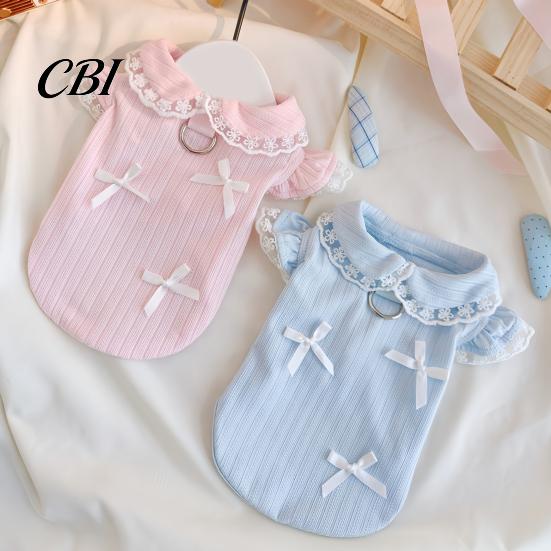 Sweet Style Pet Apparel Cute Girl Dog T-Shirt, Lace Trim Shirt with Bowknots, T-Shirt Short Flying Sleeves, Summer Female Outfit for Small Dogs Bow