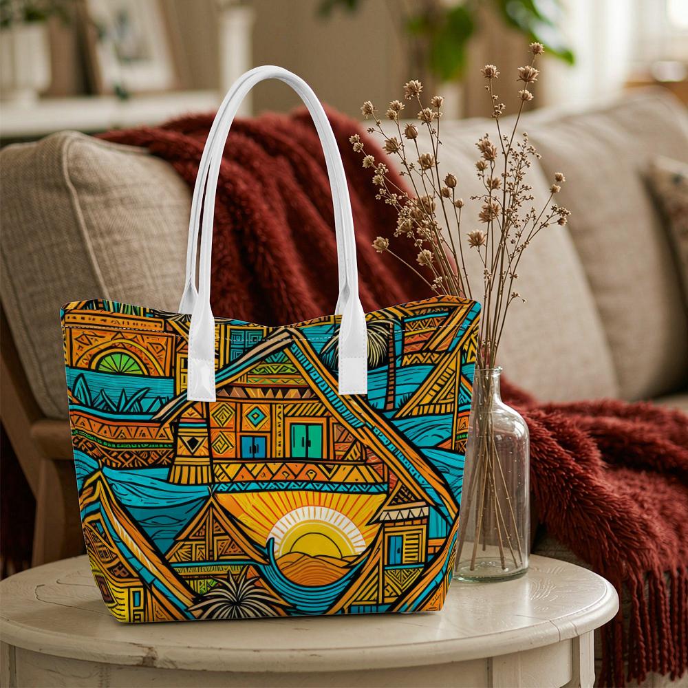 Bohemian Style Tote Bag Tropical Print Large Capacity Daily Use Casual Shoulder Bag for Outdoor Shopping Travel