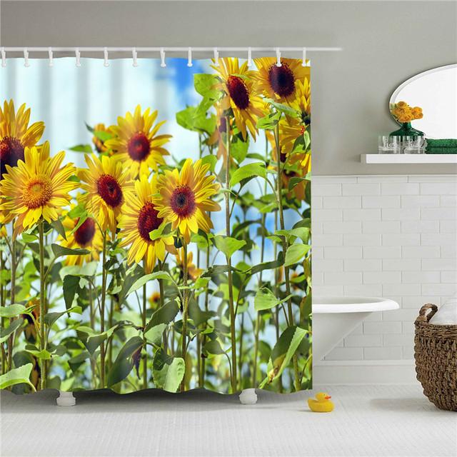 Chinese Style Flower Branch Landscape Shower Curtain 3D Printing Sunflower Bathroom Accessories Sets Waterproof Polyester Screen