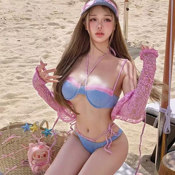 Korean ins style contrasting color low cut sexy size chest split bikini Bikini swimsuit women's swimsuit
