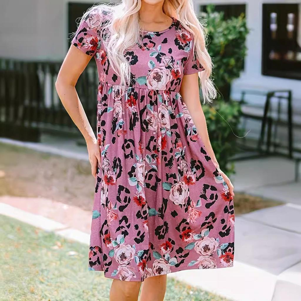 JKASHDK Женская мода лето весна цветочный узор принт с коротким рукавом и круглым вырезом со средней талией повседневные платья