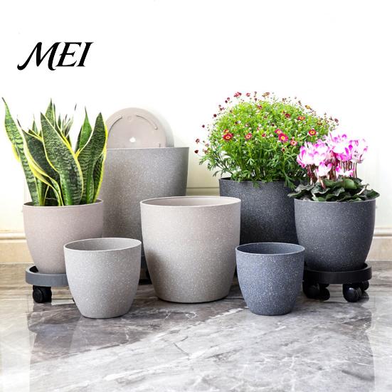 Portable Flower Containers for Patio Modern Plant Pot with Saucer, Gray Outdoor Pots Drainage Holes, Stone-Look Planter Indoor Plants Durable