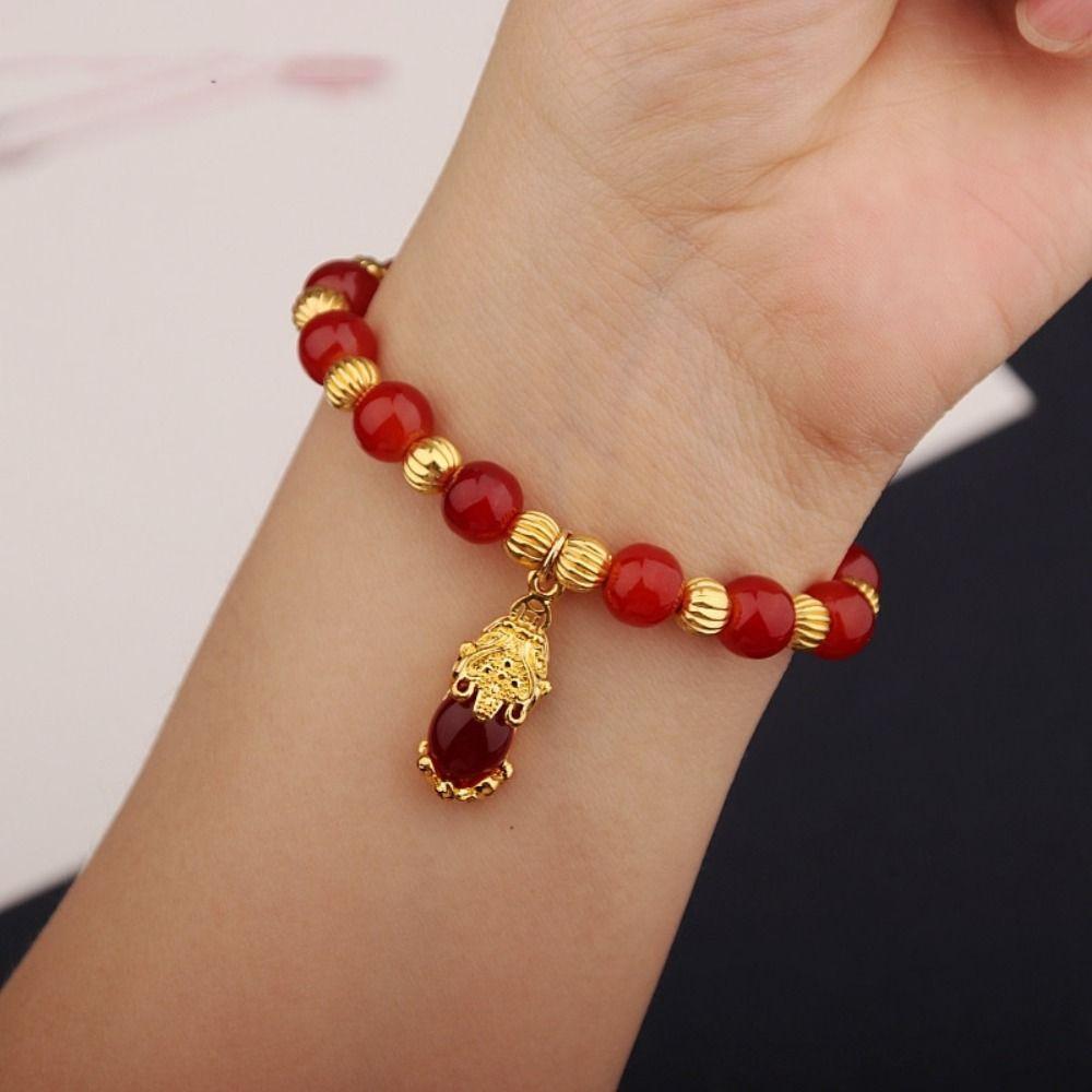 Delicate Pixiu Pendant Bracelet Chinese Style Beaded Bangles Imitation Marble Stone Bracelet Gifts