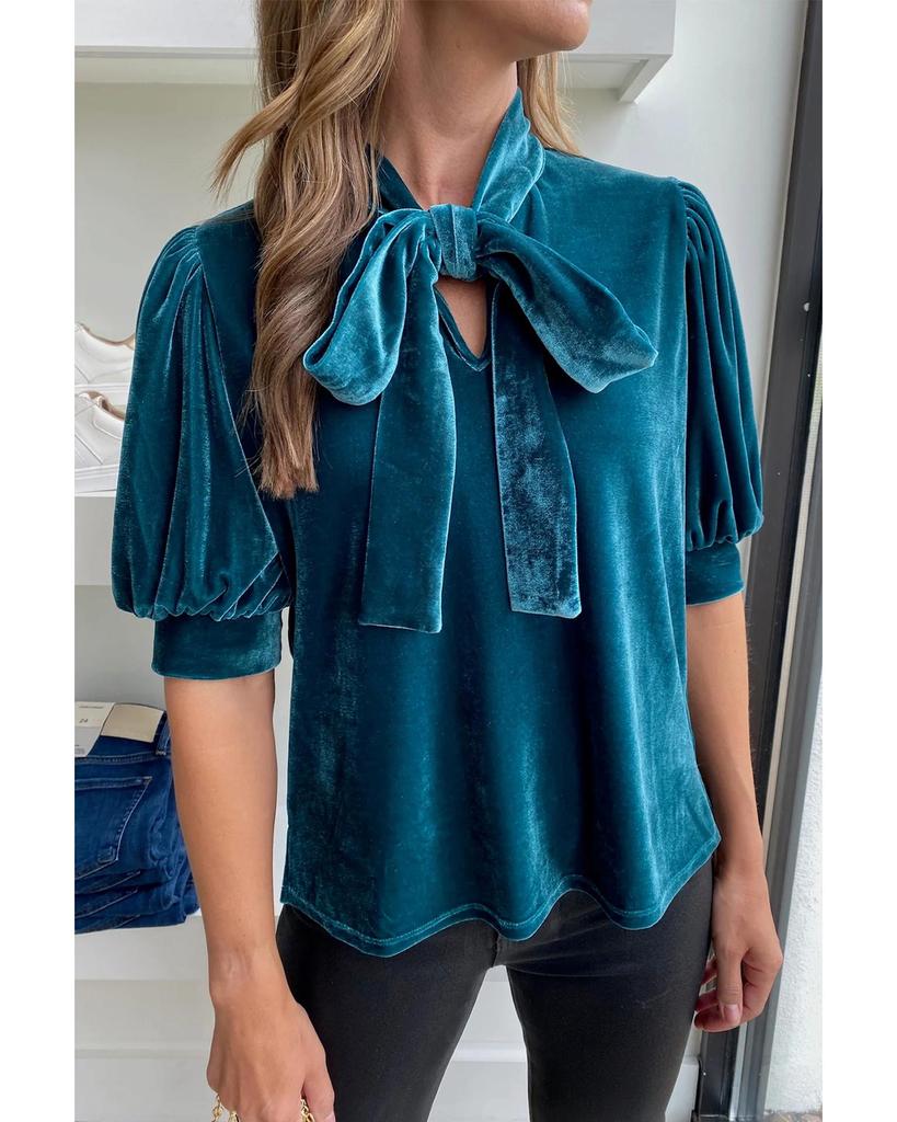 Azura Exchange Peacock Blue Velvet Bow Tie Neck Short Sleeve Top