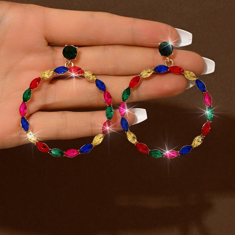 Large Circle Earrings Women Statement Geometric Dangle With Rhinestones Stainless Steel Post Alloy Lightweight