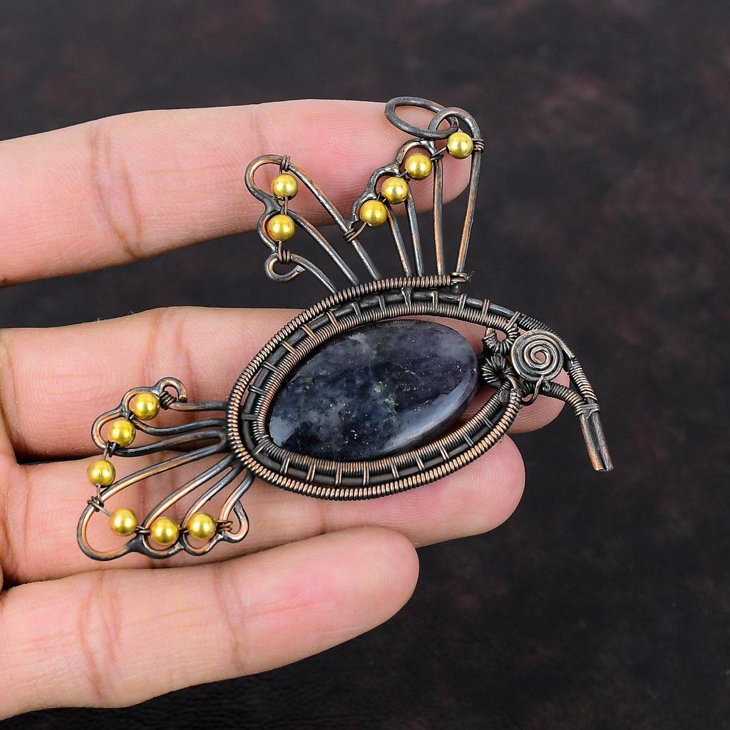 Кулон с солнечным камнем иолита, медная проволока, кулон, кулон с драгоценным камнем, удивительные медные украшения, новый кулон ручной работы, кулон с птицей для подарка