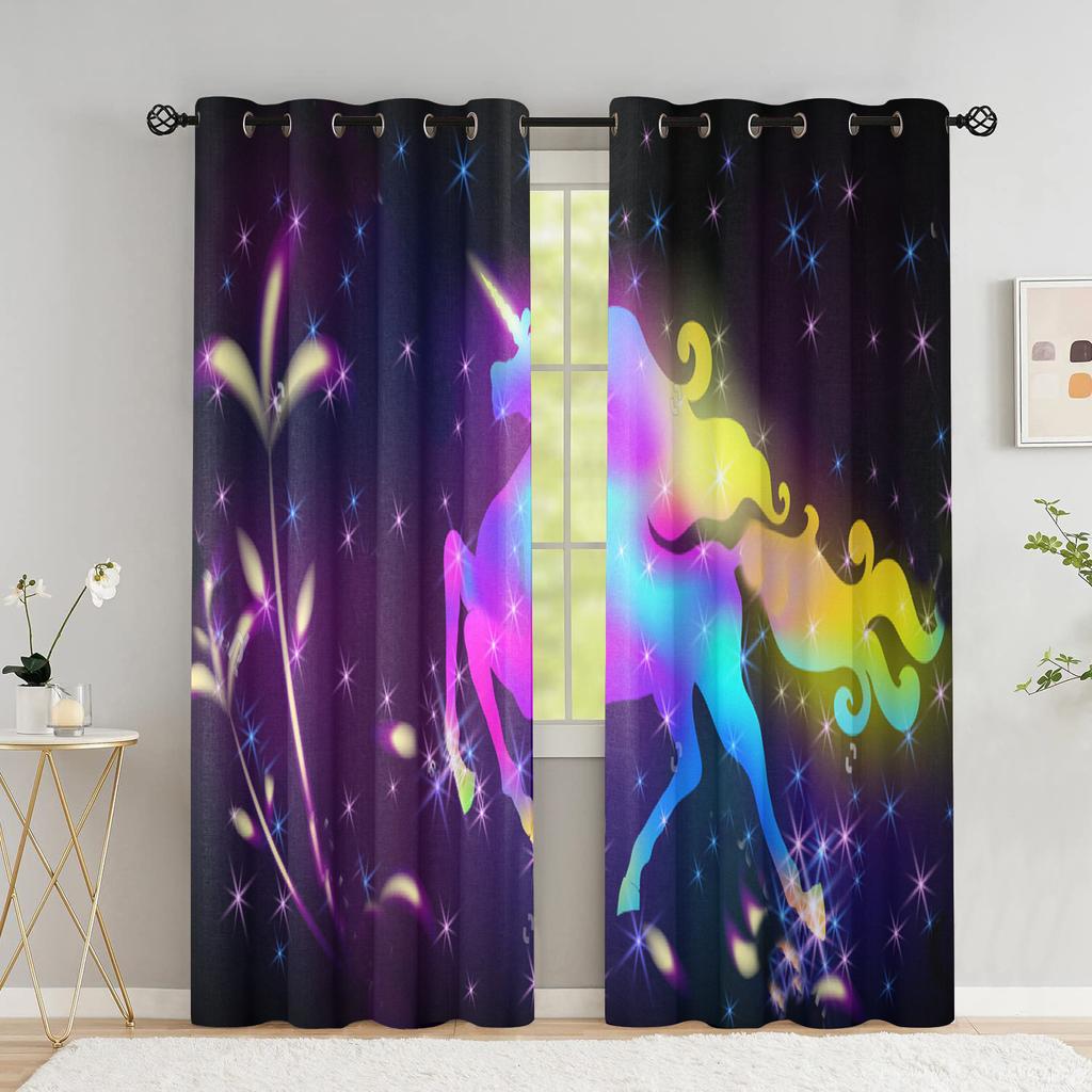 Шторы с летающим единорогом для гостиной, волшебный замок, детская комната, шторы для мальчика, радужное небо со звездами, оконная занавеска с высоким затенением