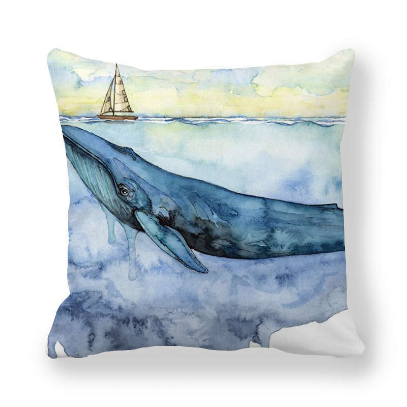 Watercolor Art Of Whale Pattern Digital Printing Short Plush Pillow Covers For Car Sofa Office Cushion Cover Home Goods