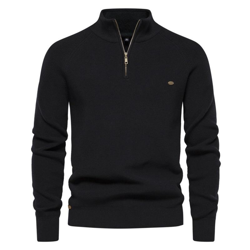 Autumn And Winter New Men'S Semi Open Chest Sweater Men'S Long Sleeved Stand Up Collar Solid Color Versatile Casual Top
