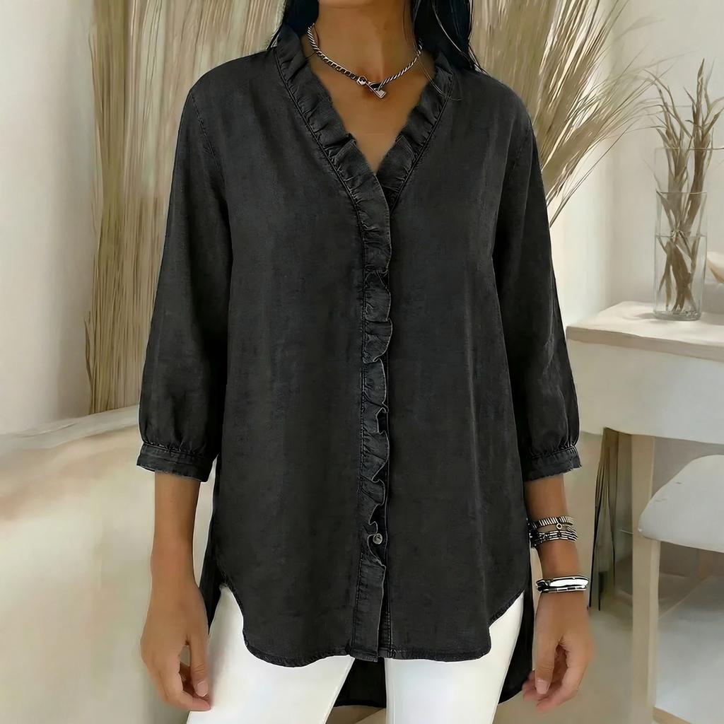 Женская модная повседневная джинсовая блузка с V-образным вырезом и оборками