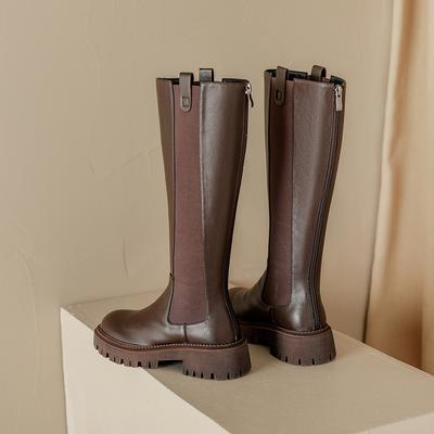 Мода 2025 Осень Зима Новые Женские Высокие Сапоги Ботинки Челси Коровья Кожа Круглый Носок Каблук Женские Сапоги До Колена Женская Обувь Молния