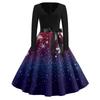 Christmas Print Flare Dress For Women Long Sleeve Dress Hollow Party Casual Dresses
