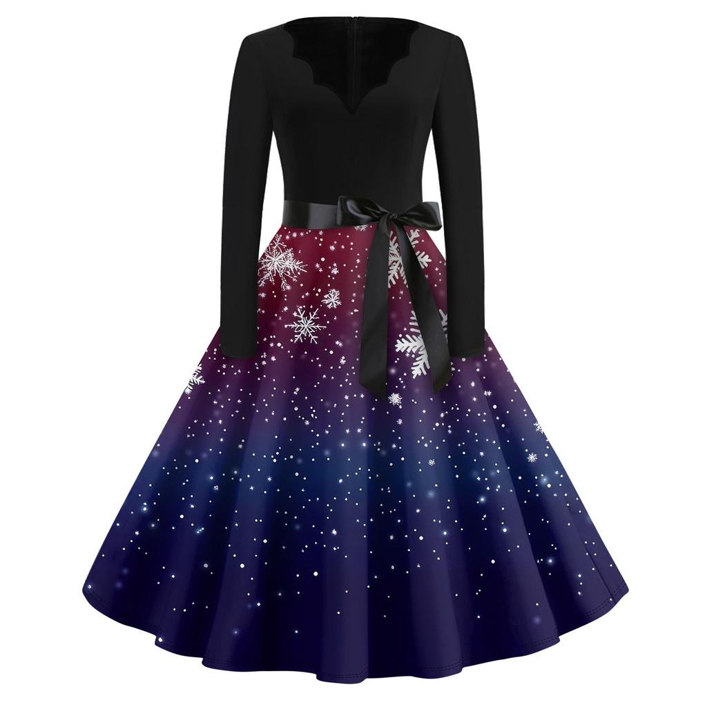 Christmas Print Flare Dress For Women Long Sleeve Dress Hollow Party Casual Dresses