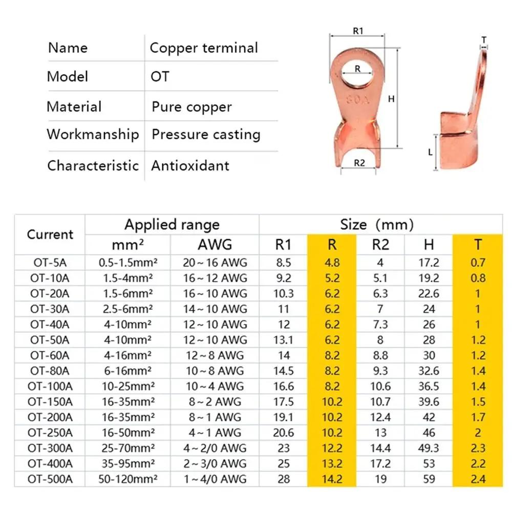 5/10Pcs OT Type OT Wire Nose Terminal Crimp 10A-400A Bolt Hole OT Cable Connector Kit Copper 1.5-16mm2 OT Lugs Ring Crimp