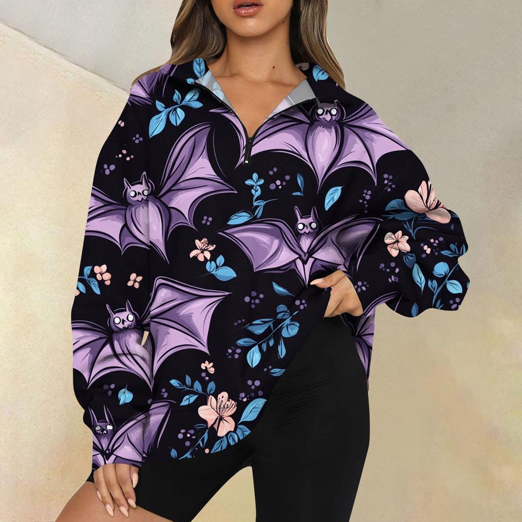 Women's Fashion Casual Long Sleeve Printed Zipper Turtleneck Drop Shoulder Sweatshirt Top