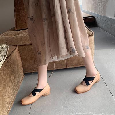 Апельсиновый Фудзи, тёмные ретро балетки с квадратным носком и перекрещенными ремешками, кожаные туфли Мэри Джейн на толстом каблуке