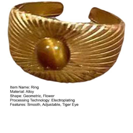 Кольцо с камнем тигровый глаз в форме цветка, ретро-золотое кольцо на указательный палец, гальваническое геометрическое широкое регулируемое кольцо для взрослых, клубных вечеринок, ювелирные изделия