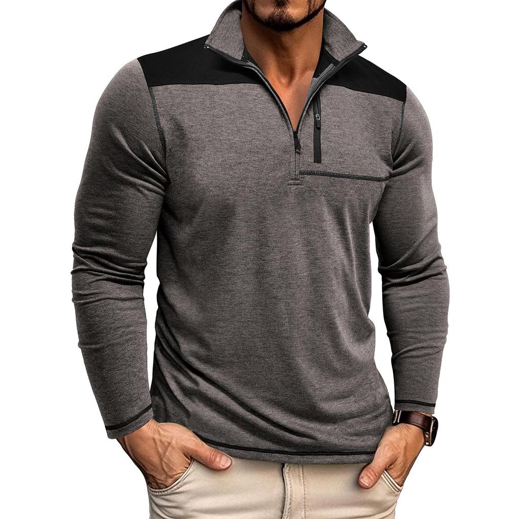 Мужские топы с воротником-стойкой, длинными рукавами, футболки контрастных цветов, свитшоты с застежкой-молнией и нагрудным карманом, повседневная спортивная одежда на осень и весну