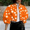 Women Jacket Stand Collar Color Matching Dot Print Zipper Closure Short Type Loose Long Sleeve Cardigan Lady Casual Coat