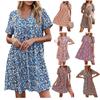Women's Summer Casual  V-Neck Wrinkle Floral Printing  Loose Button Plain A-Line Tunic Dress