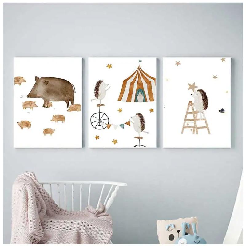 Cartoon Bear Squirrel Fox Hedgehog Spaceship Wall Art Canvas Painting Boho Posters And Prints Wall Pictures Baby Kids Room Decor