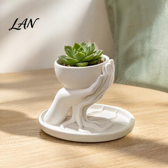 Minimalist PLA Resin Flower Pot 3D Printed Palm Shaped Succulent Planter with Drainage Tray, Holding Modern Aesthetic Desktop Ornament Mini Pot, Small