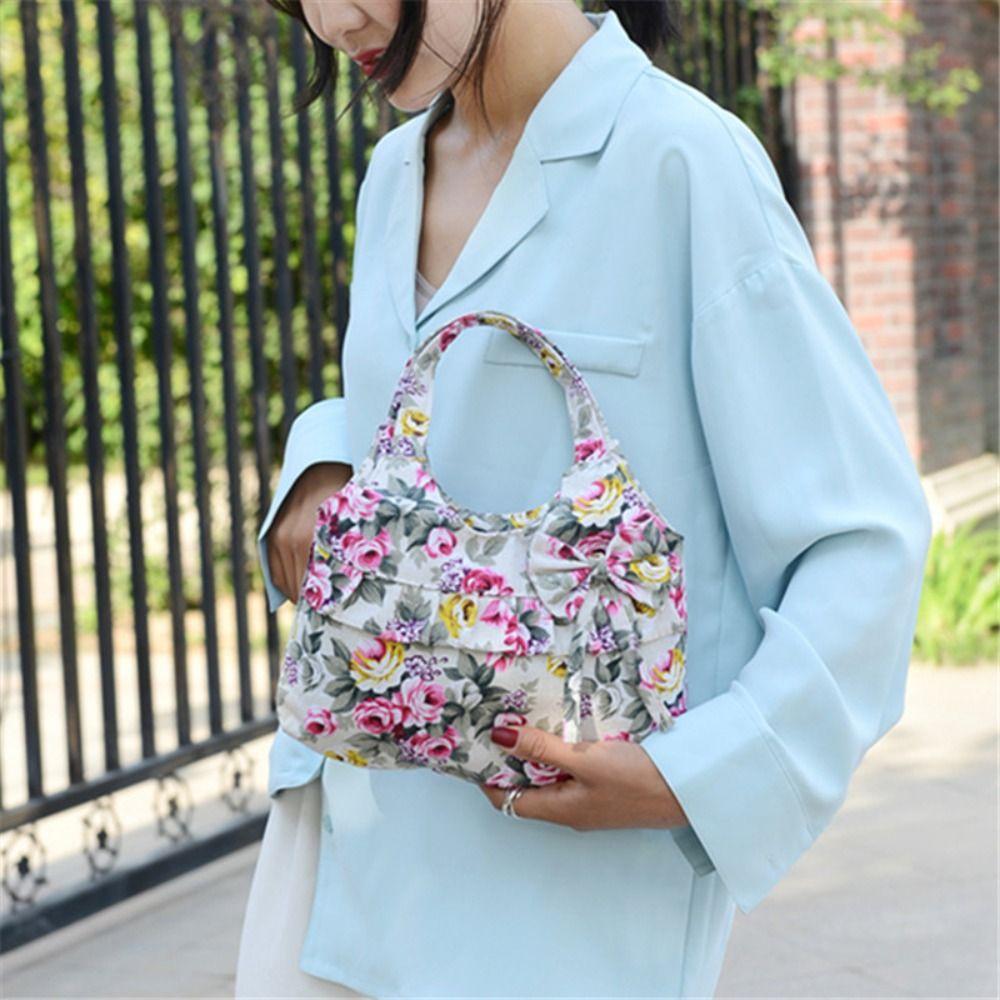 Retro Women Canvas Handbag Bow Shoulder Bag Female Flower Printed Fashion Small Canvas Bag